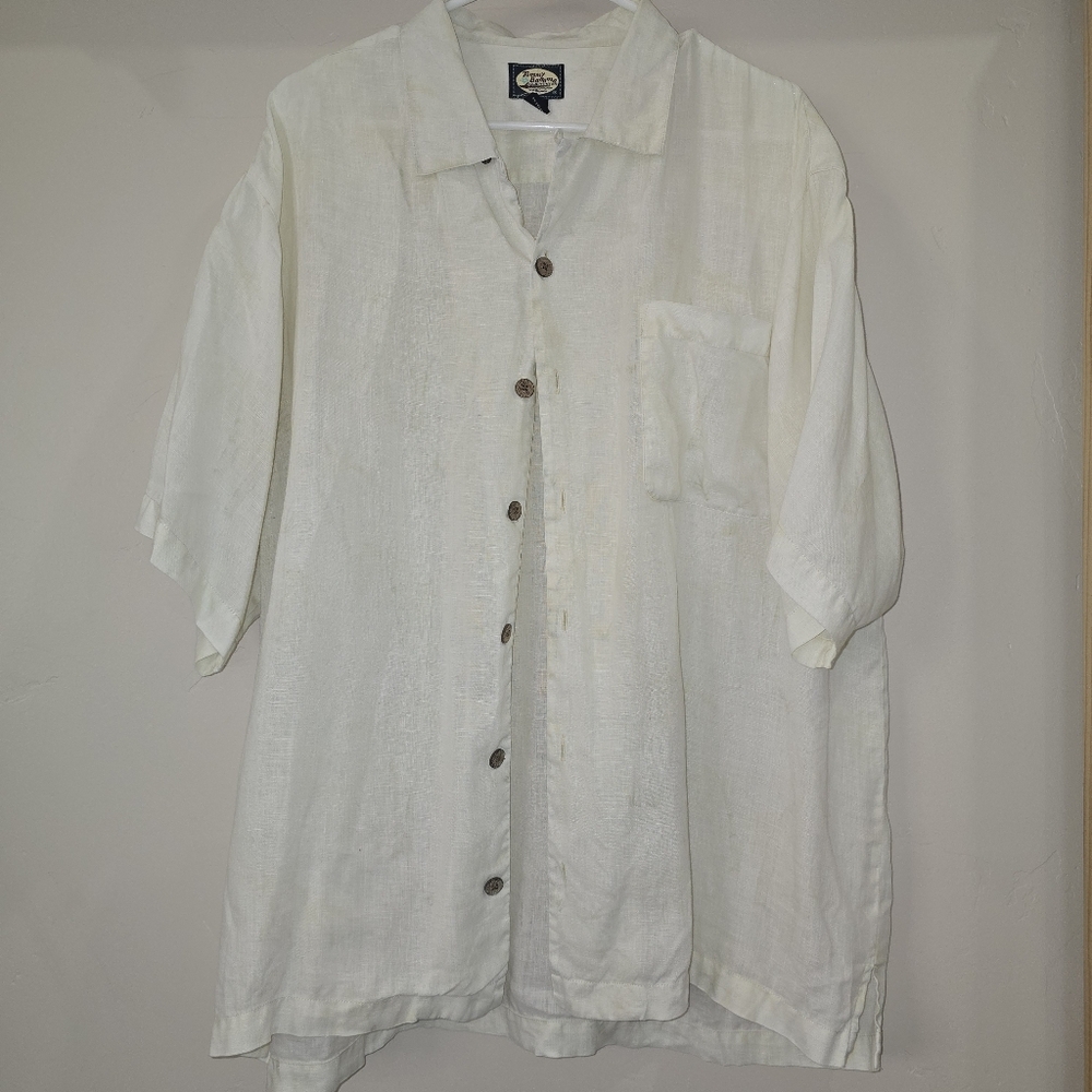 Tommy Bahama 100% Linen Mens XL Cream Short Sleeve Button Up Hawaiian Vintage